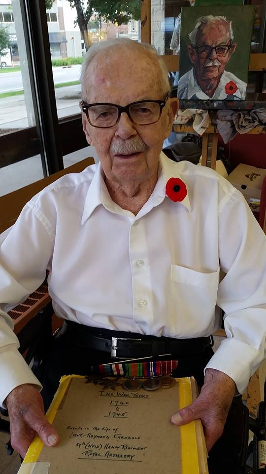 101 year old Veteran, Raymond "Poppy" Farndale, sits with his medals and war scrapbook in front of his portrait. #013/100 in the 100 Portraits / 100 Poppies project. Tuesday July 14, 2015 at the Guelph Public Library.