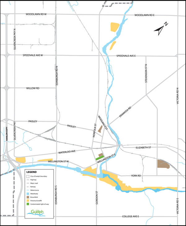 map showing historical dump locations along the Speed River, and brownfields on Surrey Beverley, Fountain, and Baker streets.