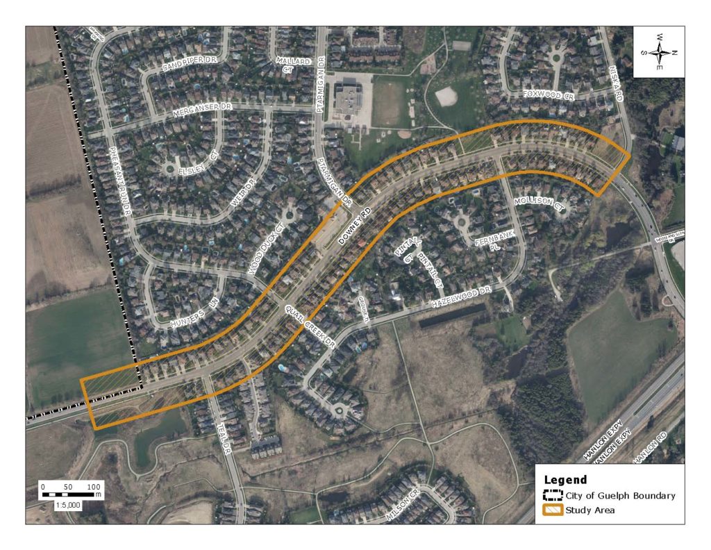 A map features a section of Downey Road between Teal Drive and Niska Road that will experience lane reductions starting September 12.