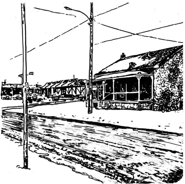A black and white drawing of a snowy road with a house on the corner and two street lamp poles across the street from each other.