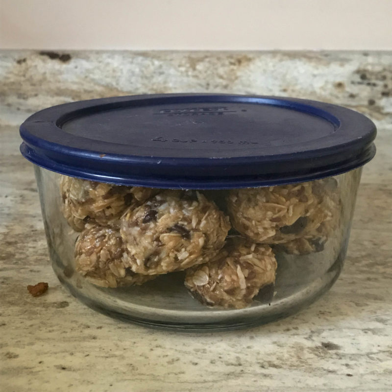 No Bake Energy Bites in covered container
