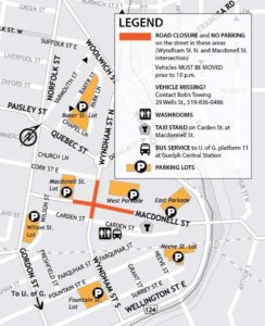 A map showing the Safe Semester road closures downtown at Macdonell and Wyndham Streets. An accessible portable bathroom is located at Guelph Central Station.