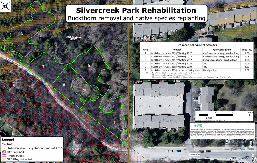 Map showing details of 5 phases of removal and restoration work as well as one area with trees to be preserved. A table lists the timing of activities to take place in each of the 5 phases.