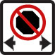 A square white sign with a solid black octagon with a red circle and line through it. Black areas point in the direction of the no stopping zone