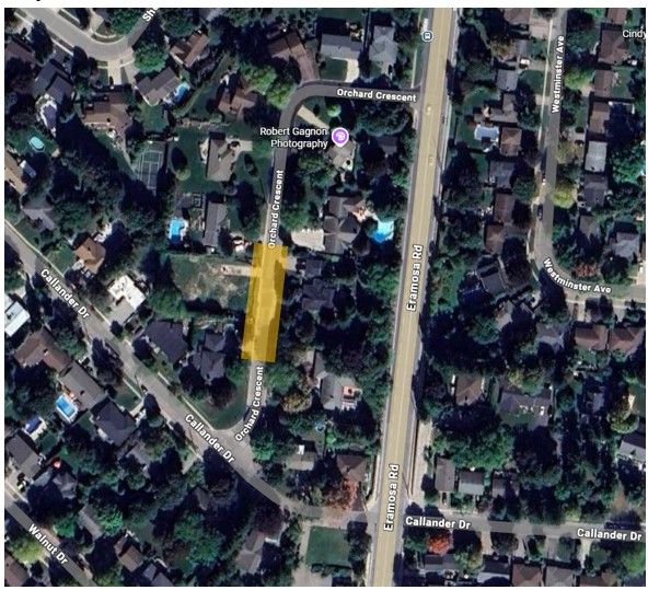 A map of the construction area showing  Orchard Crescent closed to through traffic from Callander Drive to Eramosa Road. 