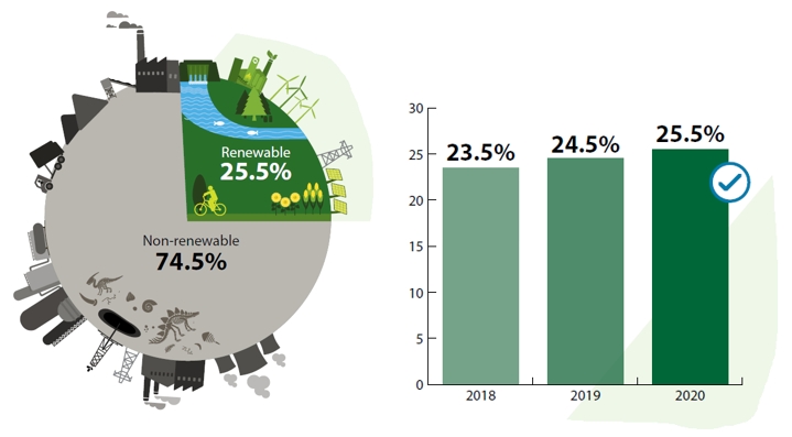 In 2020, 25.5% of the energy used by the City is from renewable sources and 74.5% is from non-renewable sources. In 2018 the 100RE status was 23.5% renewable. In 2019 the 100RE status was 24.5% renewable. In 2020 the 100RE status was 25.5% renewable.