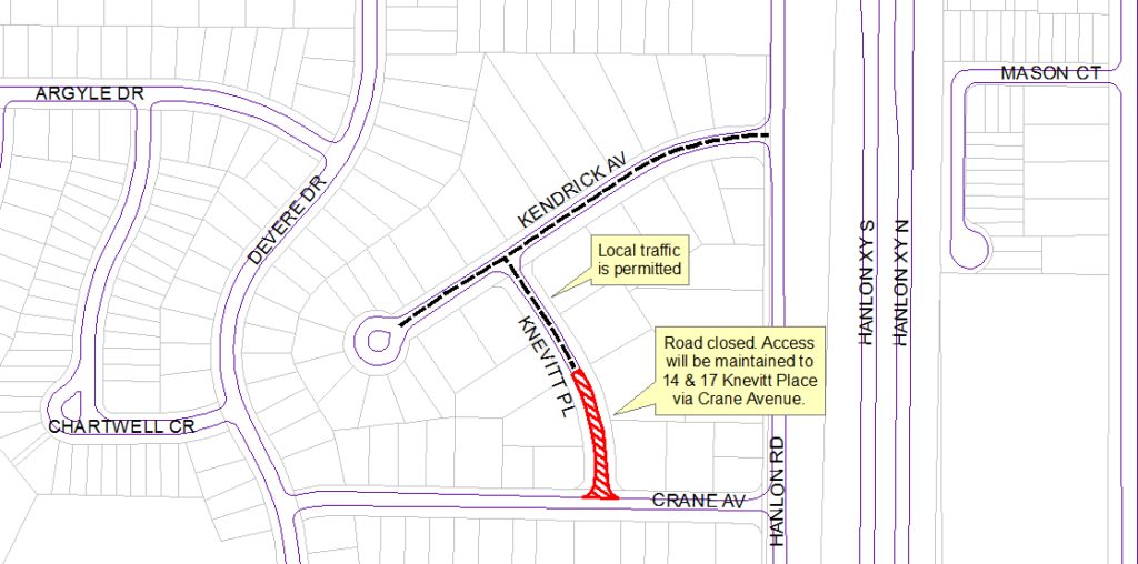 Map showing the road closure of Kvenitt Place between Crane Avenue and Kendrick Avenue in Guelph.