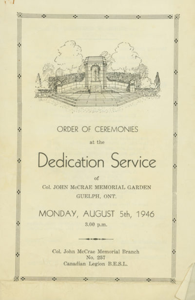Cover of printed program for Dedication Service of Col. John McCrae Memorial Garden, Monday, August 5, 1946