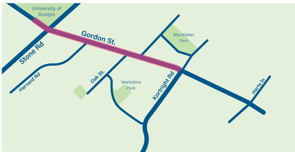 Map of the area for the Gordon Street temporary bus-only lane