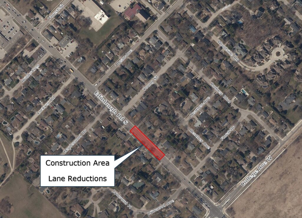 an aerial view of Edinburgh Road South.  There is a red rectangle on Edingburgh Road South indicating where the construction is taking place. 