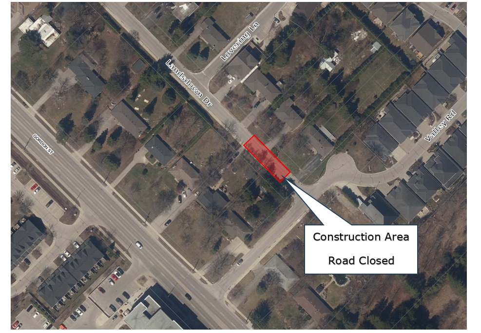 an aerial map of Landsdown Drive showing a red highlighted area indicating road closure in front of 32 and 34 Landsdown Drive