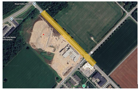 an aerial view of Victoria Road South. There is a yellow rectangle beginning just south of Arkell Road that continues down Victoria Road South that end just before Decorso Drive