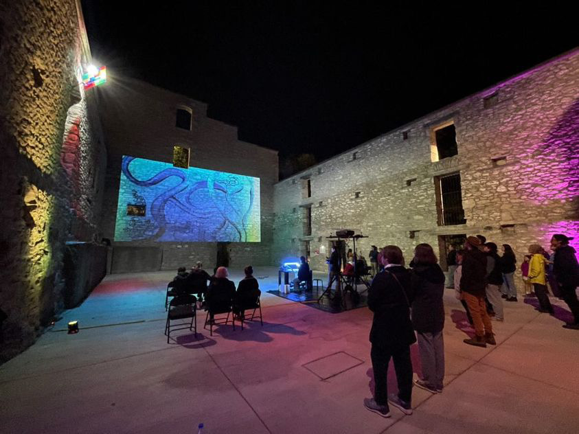 Image is of a group of people watching projection art on a screen on a stone wall. 