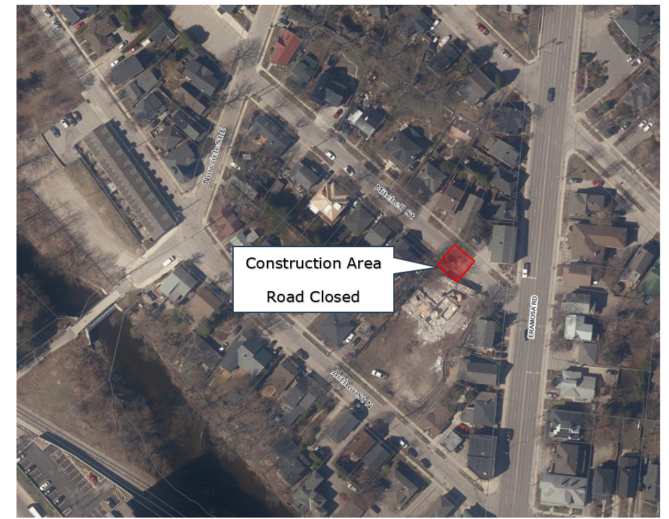 an aerial view of Mitchell Street where the construction will be taking place. There is a red square added to the image close to the end of Mitchell and connecting to Eramosa Road that indicates exactly where the construction is happening. 