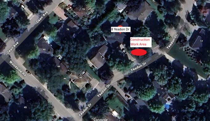 An aerial view of the construction area on a map.