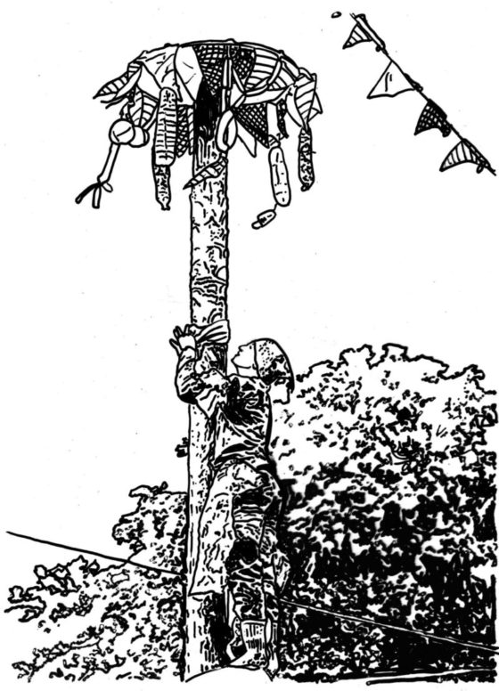A black and white drawing of a person climbing a pole that has items hanging from the top.