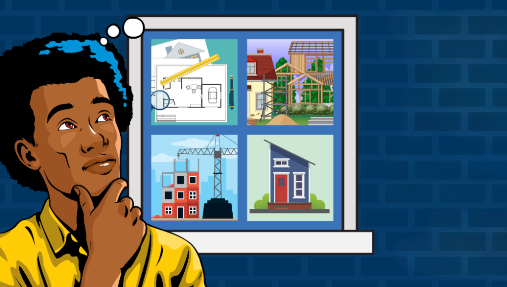 Cartoon graphic depicting man thinking about process of building a home.