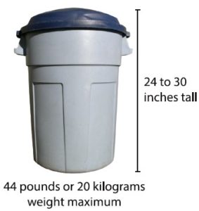 Picture of waste bin, 24 to 30 inches tall, 44 pounds or 20 kilograms weight maximum