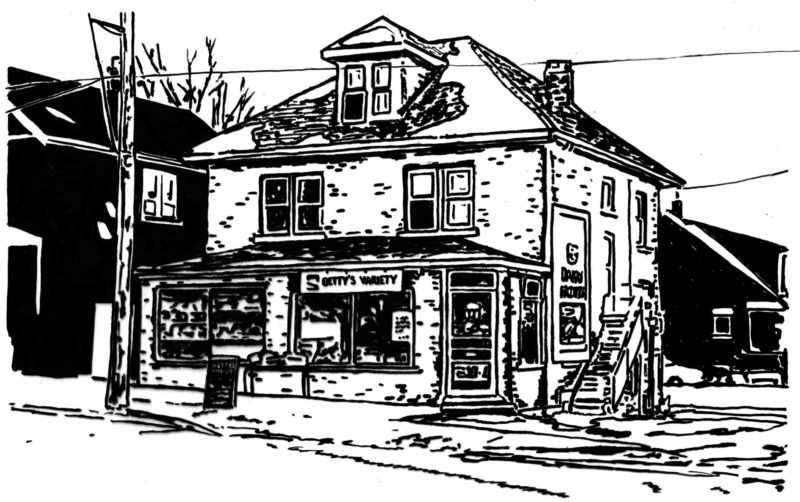 A black and white drawing of a house on a corner lot that has a variety store, “BETTY’S VARIETY,” on its main level.