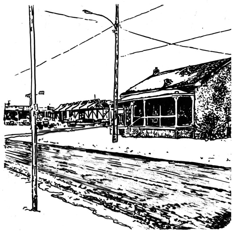 A black and white drawing of a snowy road with a house on the corner and two street lamp poles across the street from each other.
