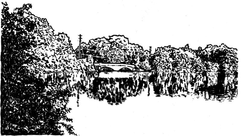 A black and white drawing of a river lined with trees and a bridge in the distance.