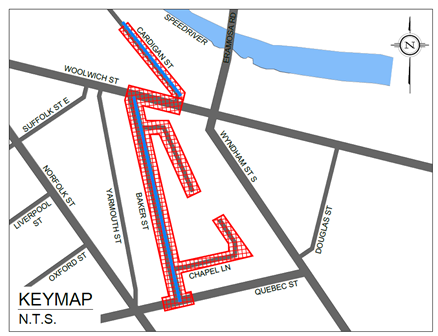 Map of project area showing Baker Street, Chapel and Park Lanes, Cardigan Street and Woolwich and Baker Street intersection as impacted areas.
