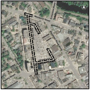 Map showing construction areas as Baker between Woolwich Street and Quebec Street and Chapel and Park lanes.