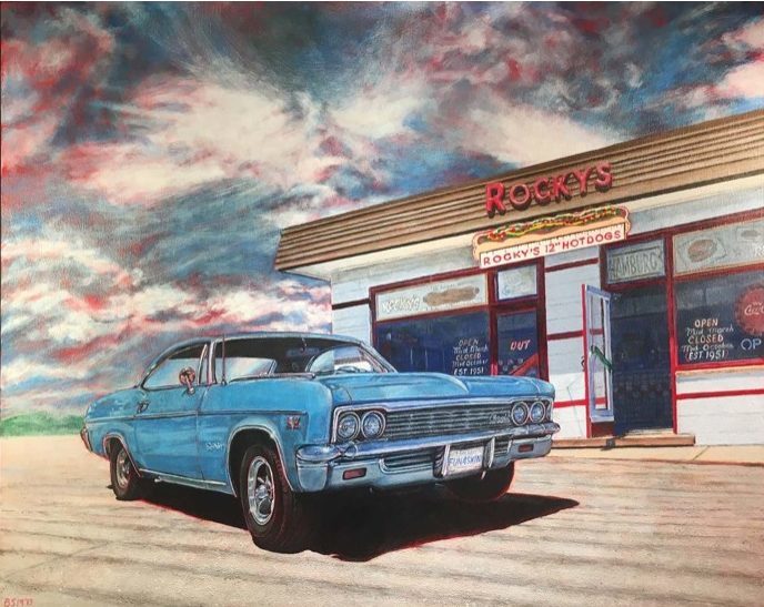 A colour painting of a blue vintage vehicle outside of Rocky’s Hotdogs in Guelph.