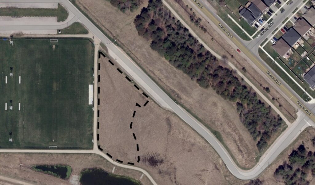 Satellite image of Eastview Community Park with a dashed line identifying the Bike Park construction area.