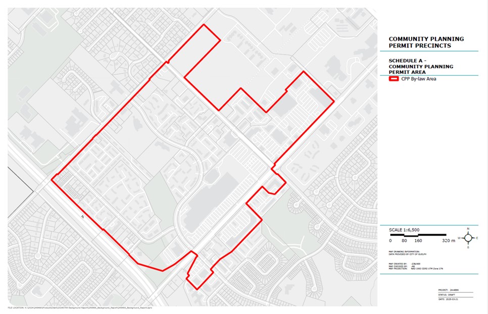 Map of the Community Planning Permit study area, the borders of which run between about College Avenue West, Hanlon Parkway, Stone Road West, and just west of Edinburgh Road on Chancellors Way. 