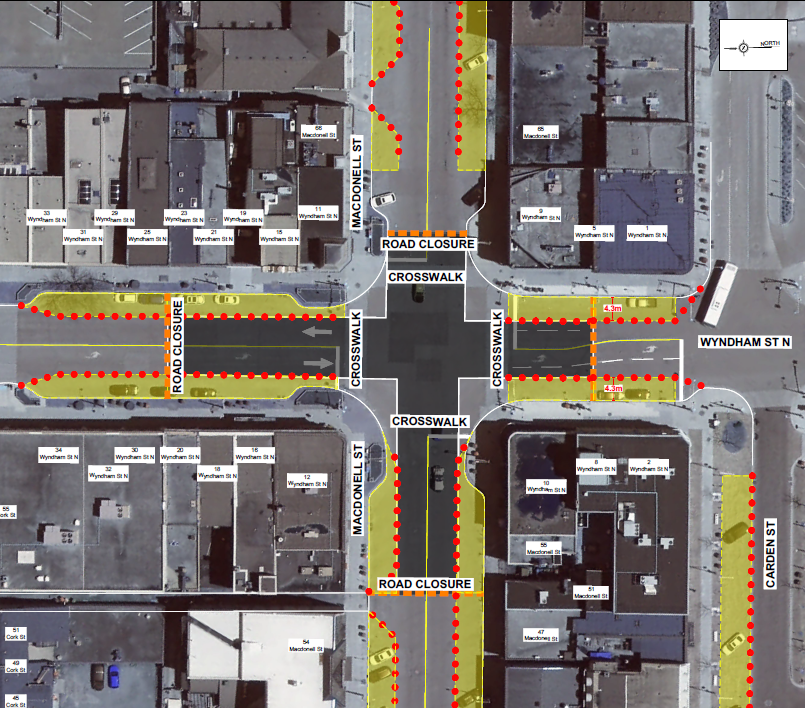 map of downtown Guelph showing road closures during weekend patio season