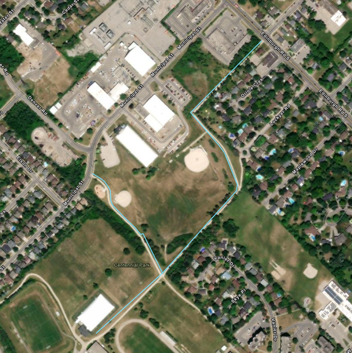 An aerial view of a map indicating the areas of trailway where work will be completed.