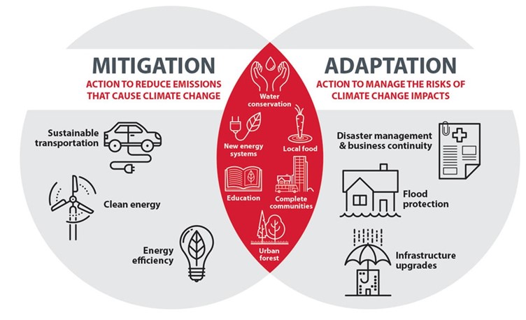 Infographic showing the difference between mitigation and adaptation. Mitigation includes actions to reduce emissions that cause climate change such as sustainable transportation, clean energy, and energy efficiency. Adaptation includes actions to manage the risks of climate change impacts such as disaster management and business continuity, flood protection, and infrastructure upgrades. Some actions have both a mitigation and adaption benefit such as water conservation, new energy systems, local food, education, complete communities, and urban forest.