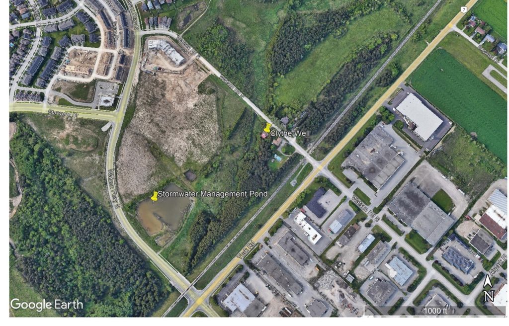 Location map of the Clythe Well and stormwater management pond on the north side of York Road between Watson Road and Watson Parkway.