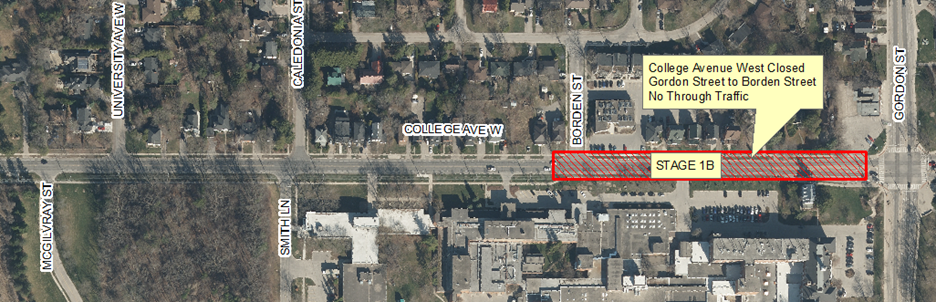 an aerial view of College Avenue West. There is a red rectangle that extends from Gordon St to Borden St on College Avenue West. This is where the construction will be taking place