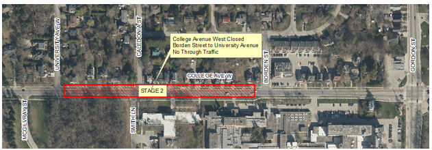 an aerial view of College Avenue West. There is a red rectangle located between University Avenue West and Borden St. The rectangle indicates the area where the construction will be happening. 