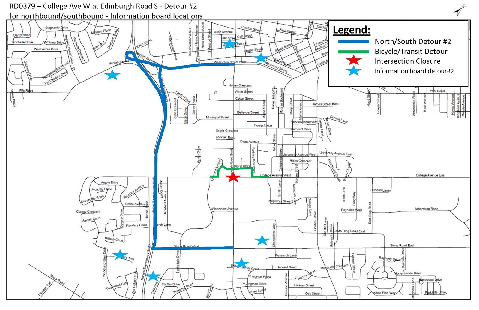 The image depicts detours for pedestrians/bicyclists/transit and vehicles traveling north/south during the closure of the Edinburgh Road South and College Avenue West intersection. Pedestrians/bicyclists heading west on College Avenue West can turn right on Rodney Boulevard, left on Floral Drive, and turn right on Edinburgh Road to continue north. To travel south, continue on Floral Drive across Edinburgh Road South, left on Lynwood Avenue, right on College Avenue West, and south on Scottsdale Drive.  Vehicles traveling north are to turn left on Stone Road West, right on Hanlon Expressway, right on Waterloo Street West, and then left or right on Edinburgh Road. Vehicles traveling south are to turn right on Waterloo Street West, left on Hanlon Expressway, left on Stone Road West, and then left or right on Edinburgh Road. 