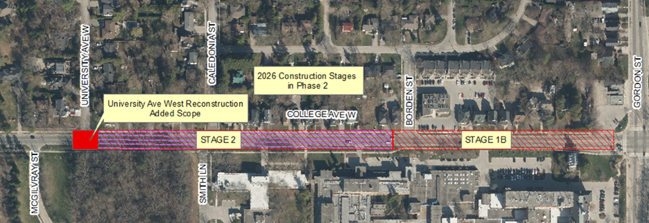 Map of Phase 2 construction zones on College Avenue West happening in 2026.