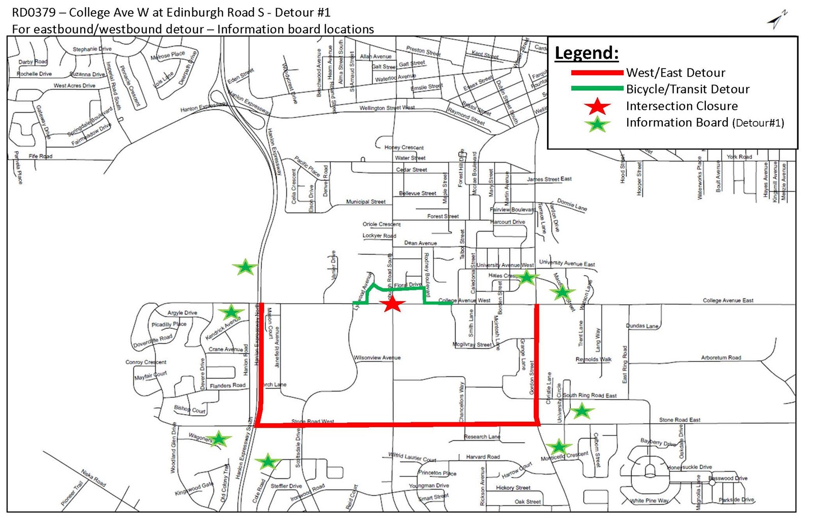 Detour 1: Map showing College Avenue West at Edinburgh Road South