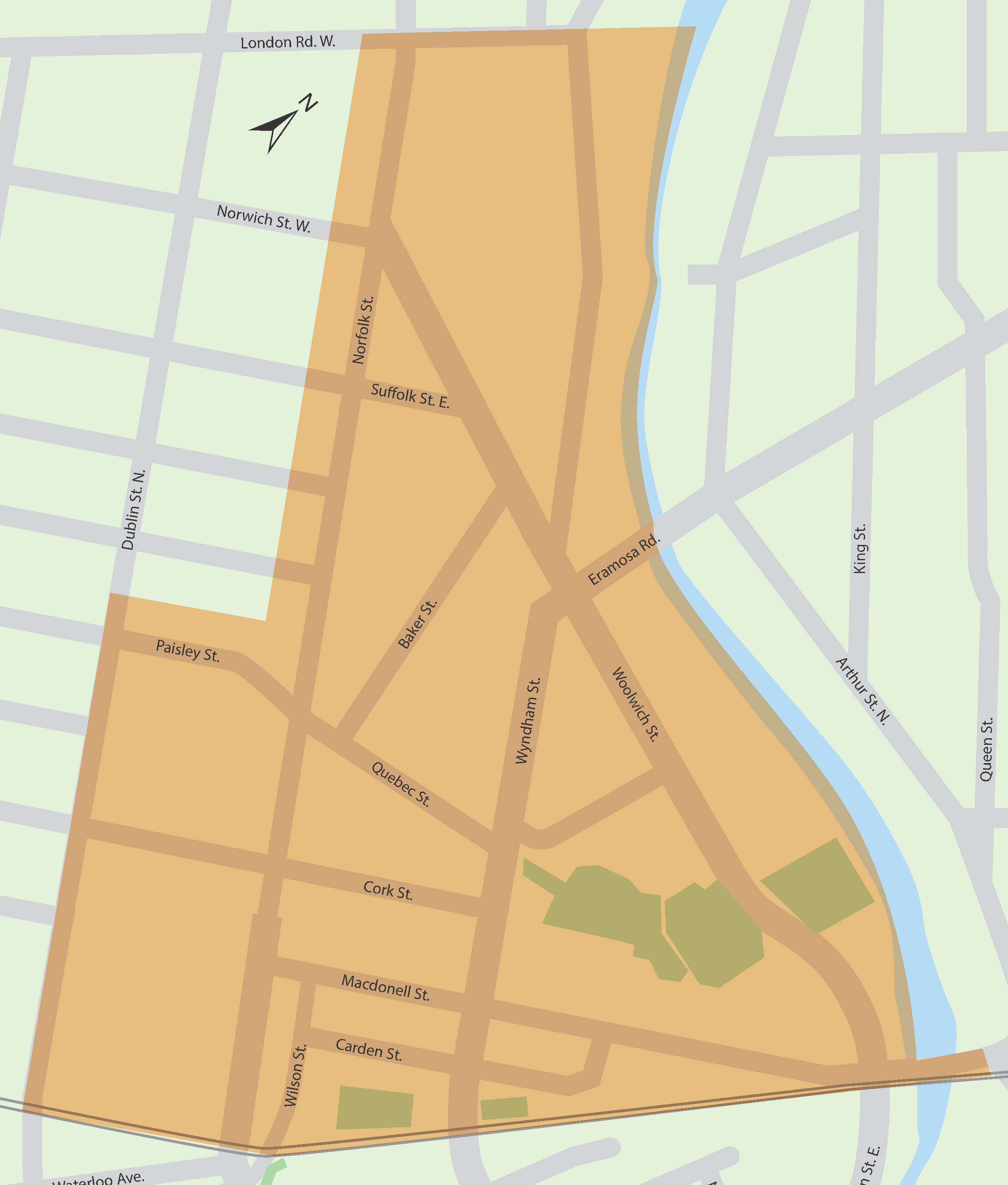 Map showing study area as downtown Guelph from London Road in the north to the CN railway tracks to the south.