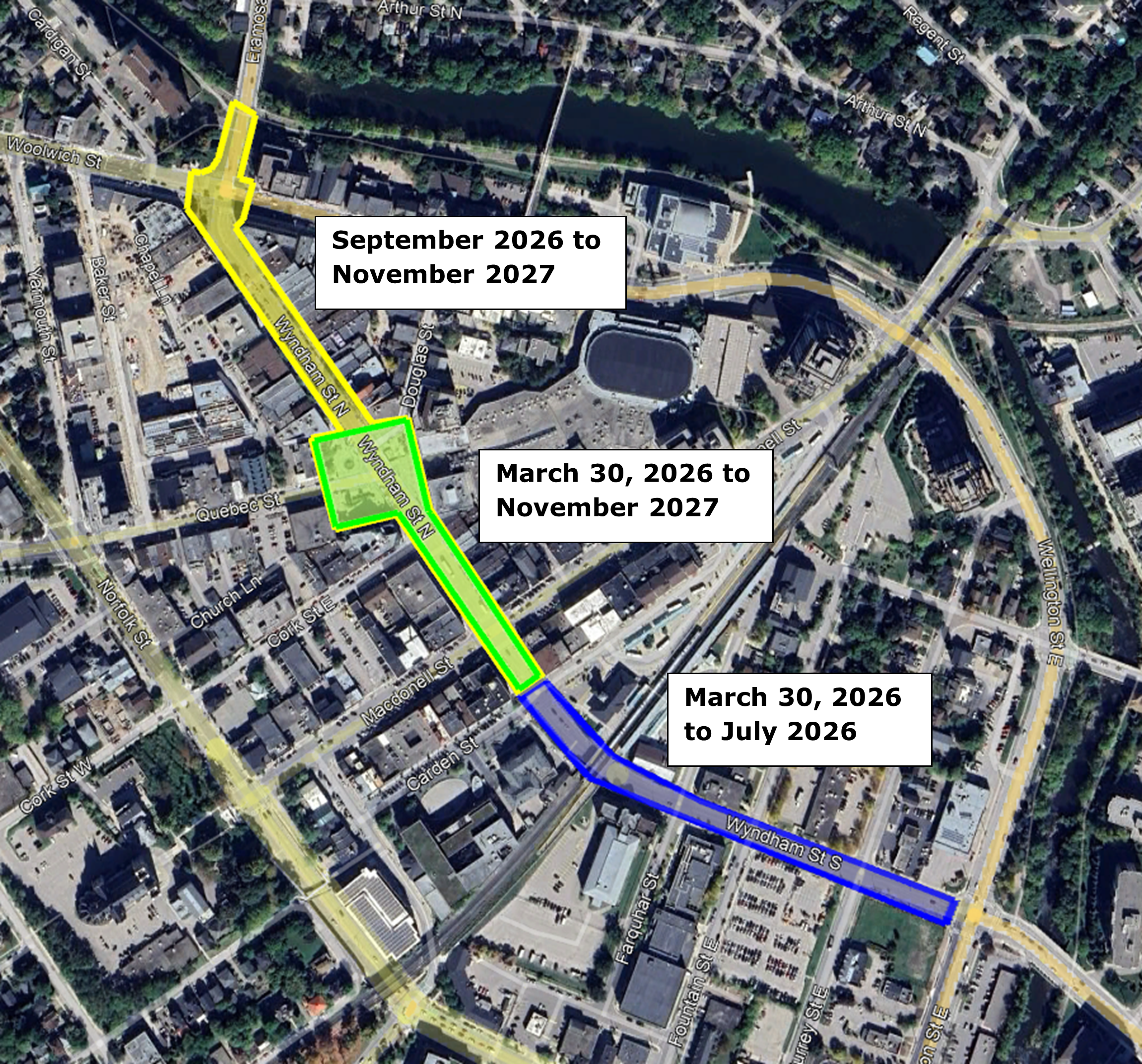 A satellite map of downtown Guelph, Ontario, showing a phased construction schedule for Wyndham Street. Three street segments are highlighted in different colors: a yellow section from Woolwich Street to Macdonell Street labeled “September 2026 to November 2027,” a green section from Macdonell Street to Quebec Street labeled “March 30, 2026 to November 2027,” and a blue section from Quebec Street to Wellington Street East labeled “March 30, 2026 to July 2026.”