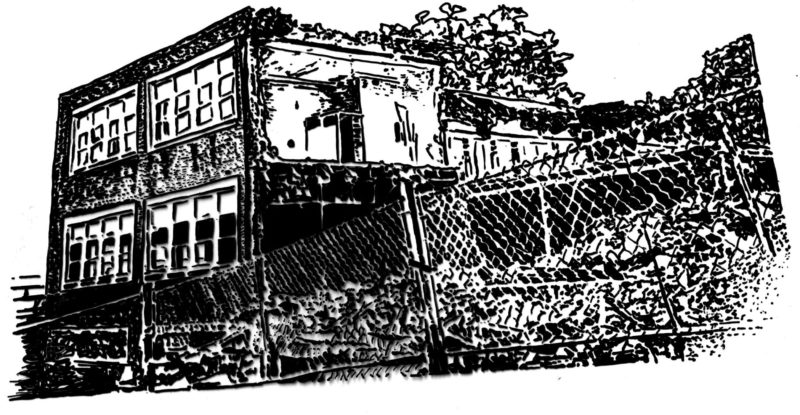 A black and white drawing of a building on a hill with wire fencing around it.