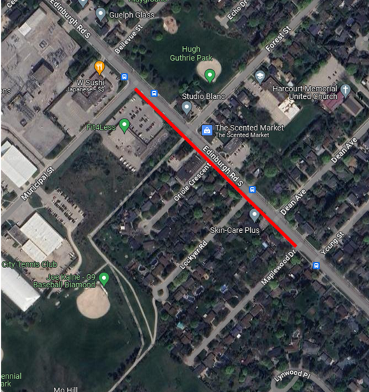 An aerial view of a map indicating where the work will be completed. There is a red line indicating construction on Edinburgh Road South from Municipal Street to Maplewood Drive. 