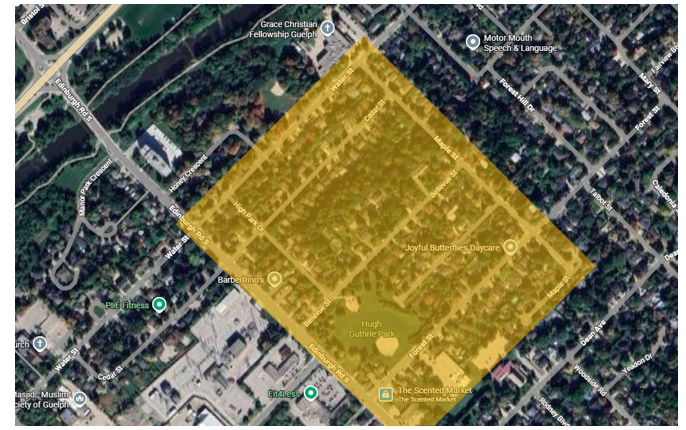 an aerial view of the residential area between Edinburgh Road South, Water Street, Maple Street and Forest Street. The area that will be under construction is highlighted in yellow.