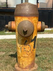 Fire hydrants with rust and old faded yellow paint.