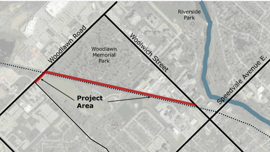 A map of the project area located beside Woodlawn Memorial Park close the intersection of Speedvale Avenue and Woolwich Street and Woodlawn Road and Nicklin Road. 