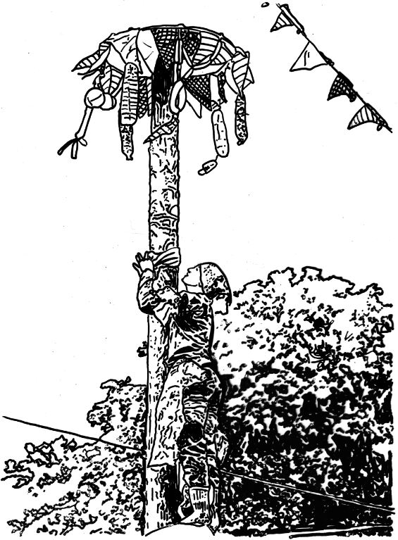 A black and white drawing of a person climbing a pole that has items hanging from the top. 