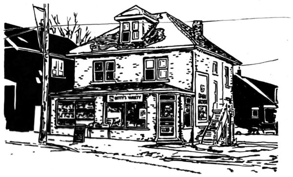 A black and white line drawing of building with a sign that says "Betty's Variety" hanging in the the front window.