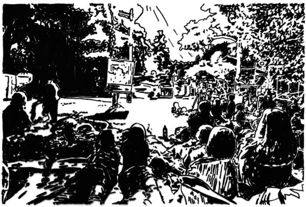 A black and white drawing of a crowd on blankets and lawn chairs watching a screen in a park setting.
