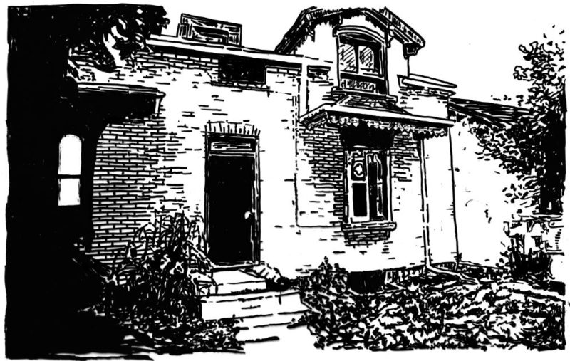A black and white drawing of a house and front lawn. It looks to be a heritage property.